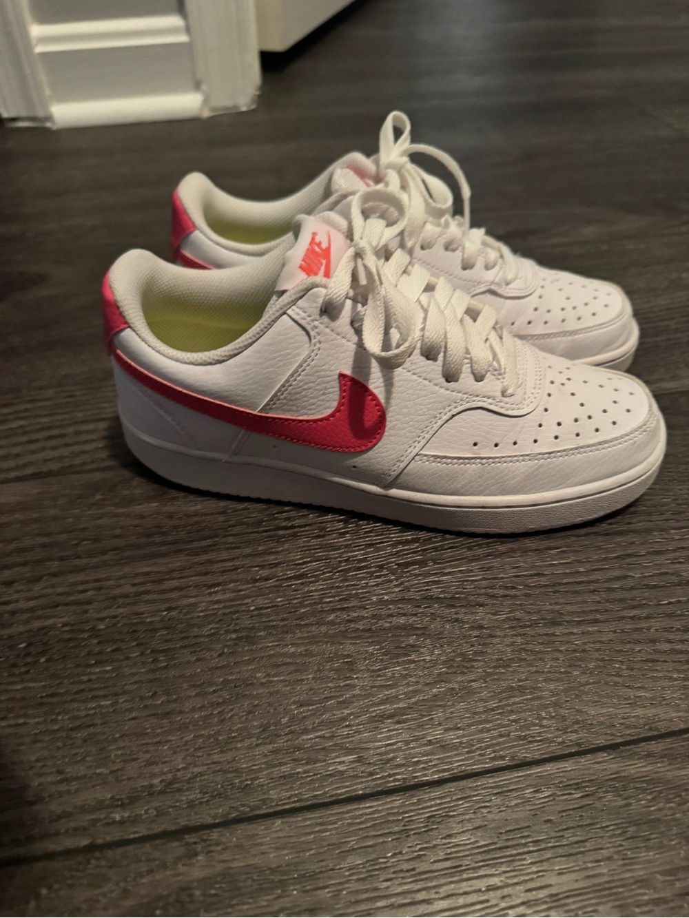 Nike White Sneakers with Pink Accents and Neon Yellow Insoles - Picture 2 of 3